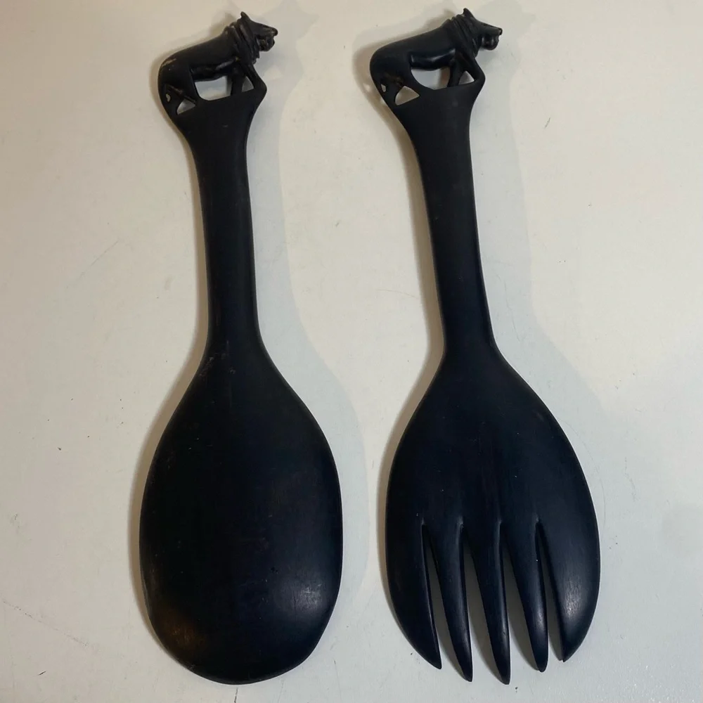 Carved Wooden Salad Fork & Spoon With Lions on The Handles